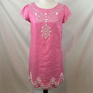 Lilly Pulitzer Rawley Beaded Casual‎ Short Sleeve Pink Linen Shift Dress Size 4